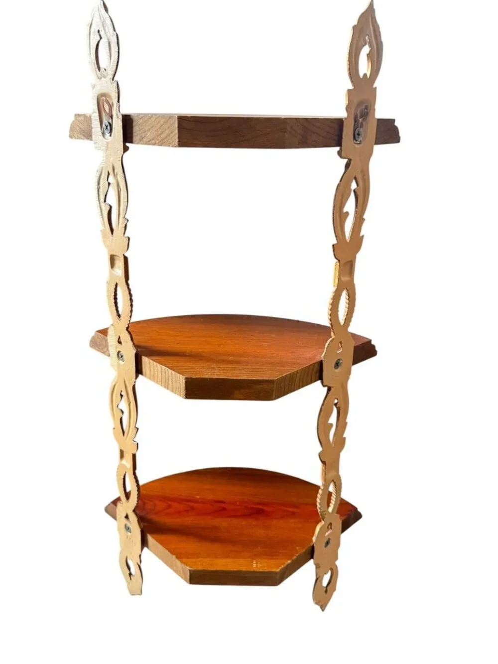 Vintage Sexton 3 Tier Wooden Wall Corner Shelf With Ornate Metal Brackets